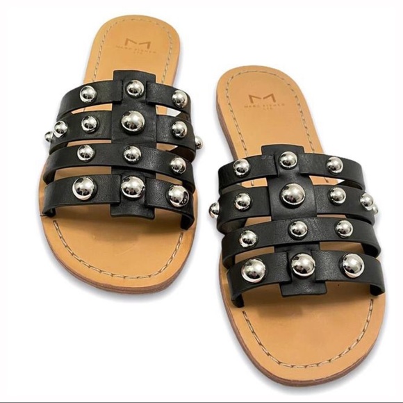 BLACK LEATHER SANDALS SLIDES MARC FISHER SLIP ONS STUDD CAGED FLATS A2C - Picture 7 of 16